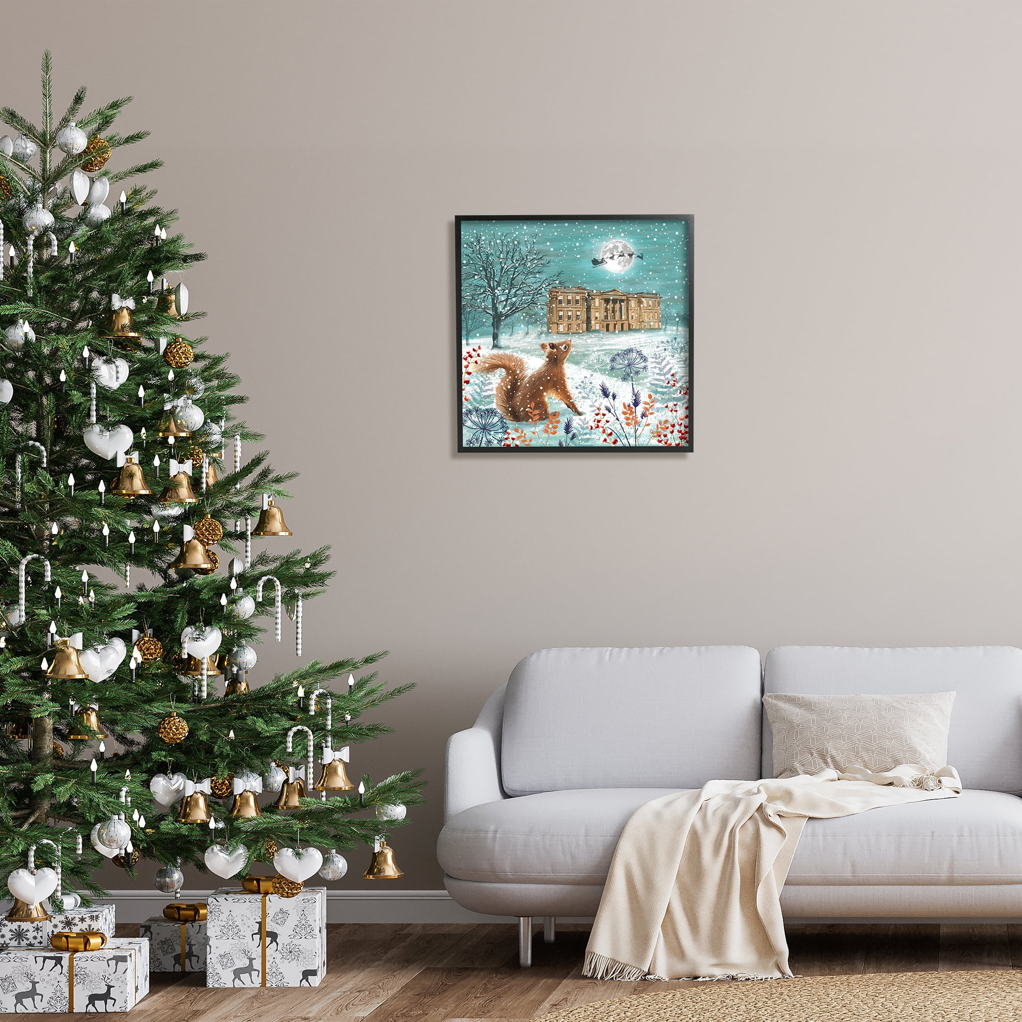 Stupell Industries Squirrel Watching Santa Claus Holiday Painting Black Framed Art Print Wall Art