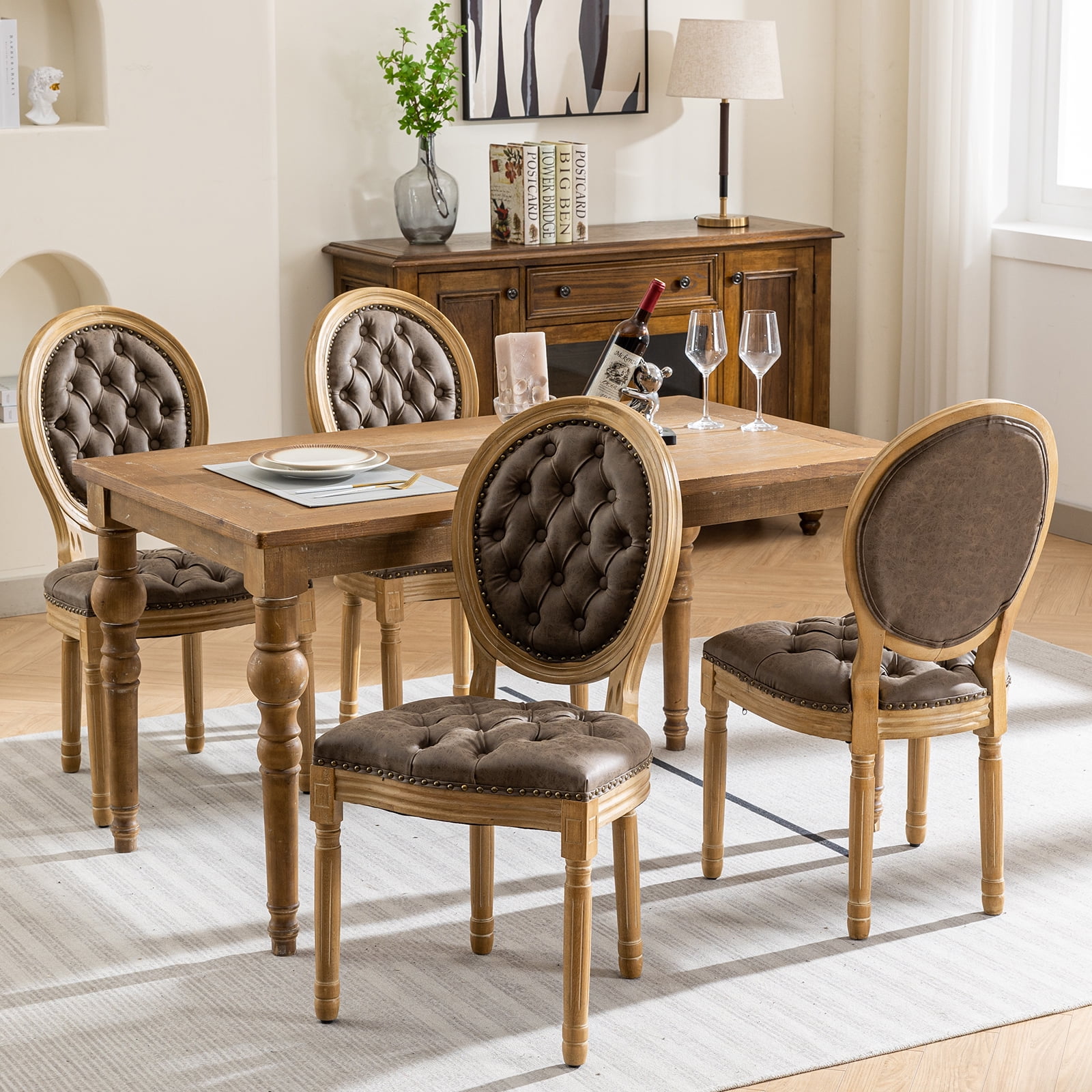 French Country Dining Chairs Set of 4, Tan Kitchen & Dining Room Chairs, Taupe Faux Leather Kitchen Chairs, Tufted Upholstered, Wood Legs, Sillas De Comedor (PU, Brown, 4Pcs)