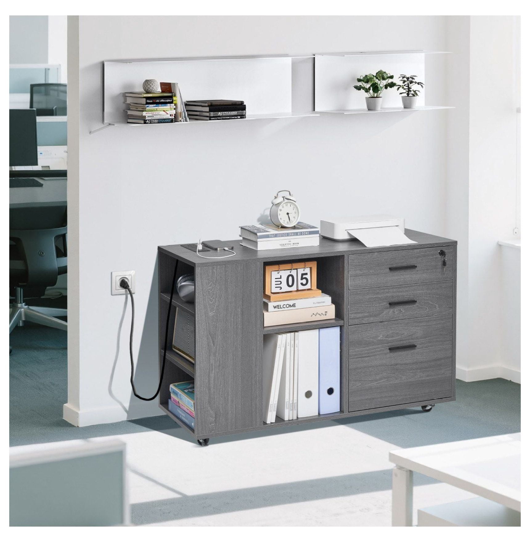 3 Drawer File Cabinet Mobile, Wooden Filing Cabinet with Power Strip - Gray Office Storage