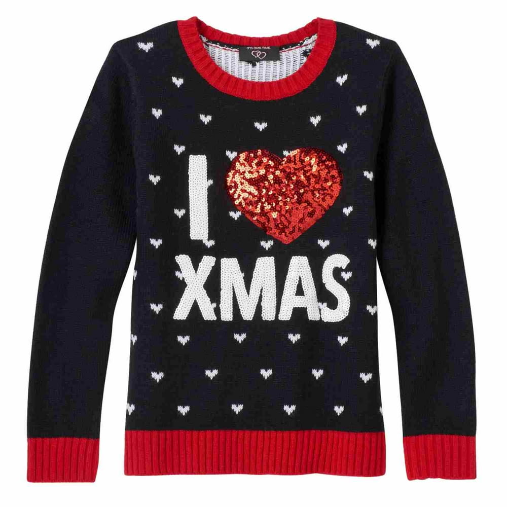 Its our Time Girls Black I Love Christmas Sweater Glitter Heart