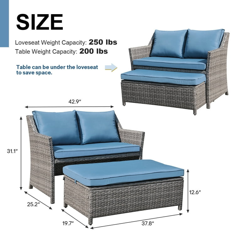 OC Orange Casual 2 Piece Outdoor Patio Furniture Wicker Love seat and Coffee Table Set with Built in Storage Bin Grey Rattan Navy Blue Cushions