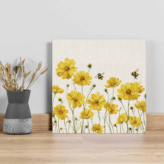 Yellow Floral Bee Wall Art Painting on Canvas, Summer Watercolor Botanical Flower Canvas Art Home Prints Wall Art Framed Modern Artwork for Living Room Bedroom Wall Decor 8x8in