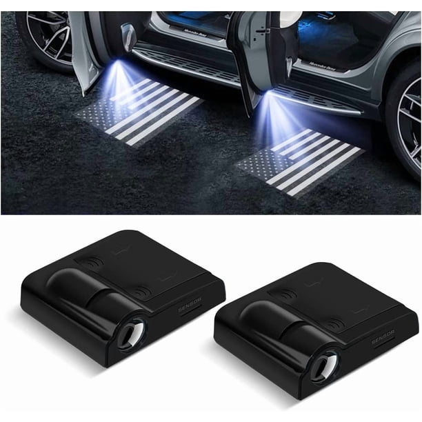 proyectores de logotipos para puertas de coche, luces LED inalámbricas de cortesía, sensor magnético sin agujeros, luz de bienvenida con efecto fantasma (bandera estadounidense negra)