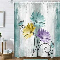 Rustic Farmhouse Shower Curtain, Farm Teal Daisy Floral Flowers and Butterfly on Country Wooden Shower Curtain for Bathroom, Turquoise Blue Bathroom Shower Curtains with 12PCS Hooks, 70X70IN