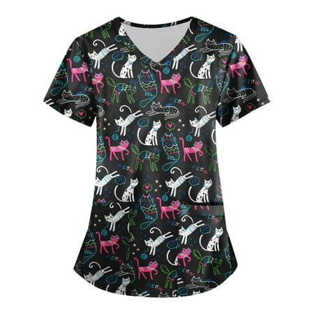 

Sksloeg Scrubs Tops for Women Cute cat Printed Scrub Shirt Tops Short Sleeve V Neck with Pocket Working Uniform Workwear Black XXXXXL