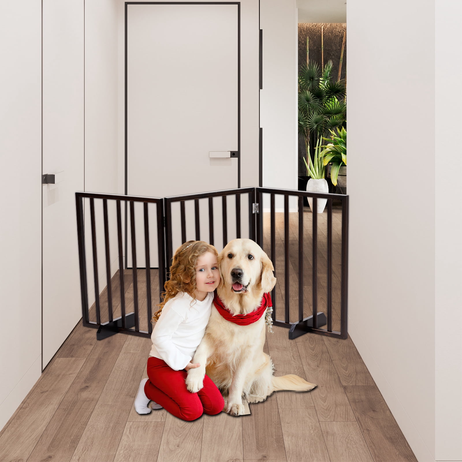 HiiKaa Wooden Freestanding Foldable Pet Gate for Dogs,24 inch 3 Panels Step Over Fence,Dog Gate for The House,Doorway, Stairs,Extra Wide (Walnut, 24" Height)