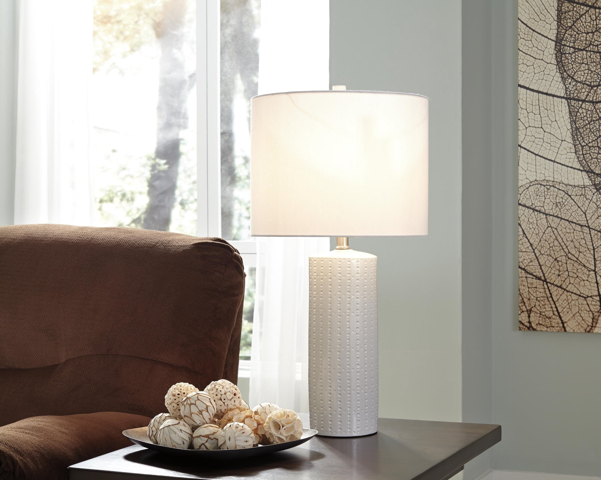 Signature Design by Ashley Steuben Ceramic Table Lamp Set (2), White, Contemporary Textured Lamps with Drum Shades and 3-Way Switch