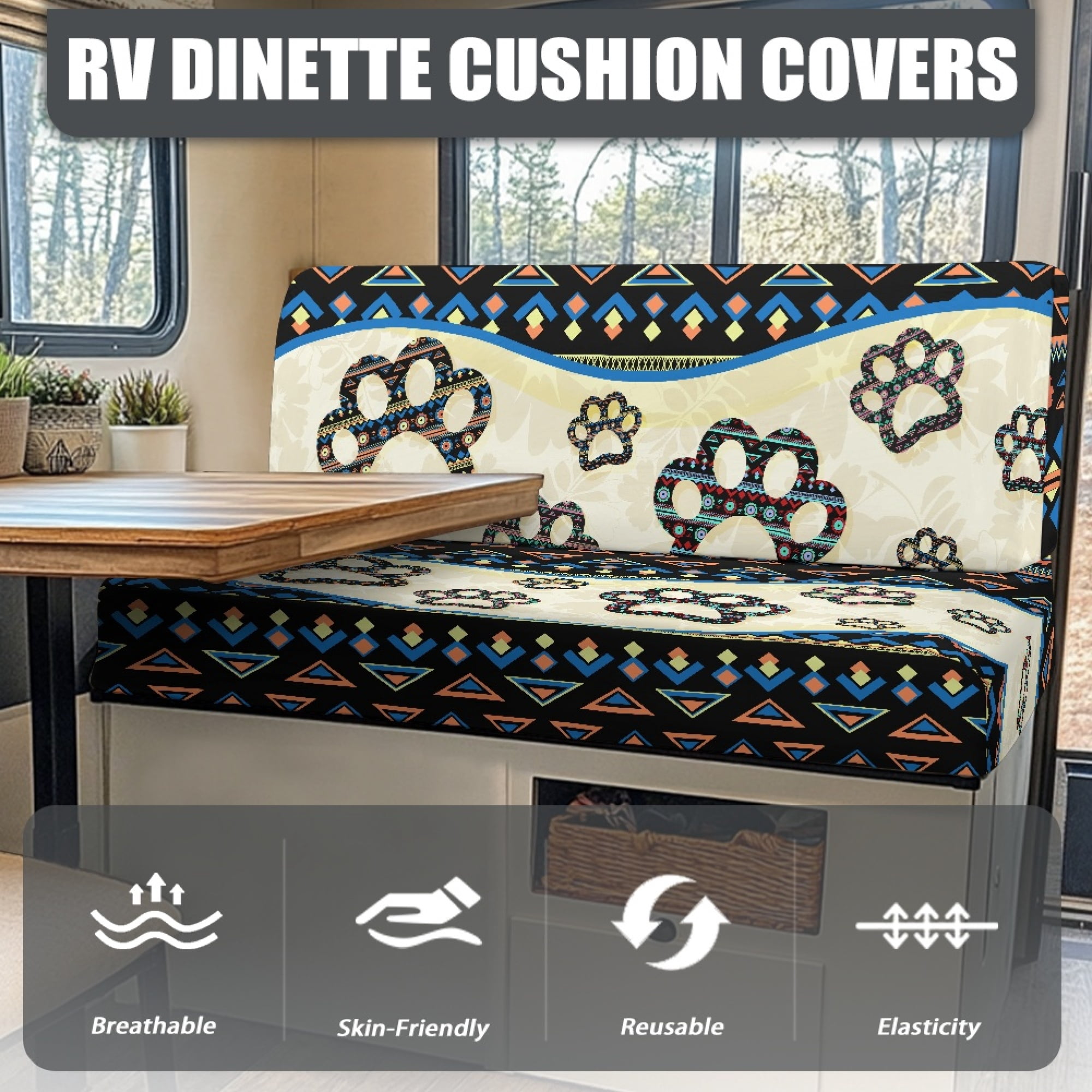 Yuyamidu Aztec RV Dinette Cushion Covers Set 1 Bench Cover 1 Backrest Cover Dog Paw Camper Cushion Covers Fashion Couch Cover for RV Camper Sofa RV Accessory Interior Decor