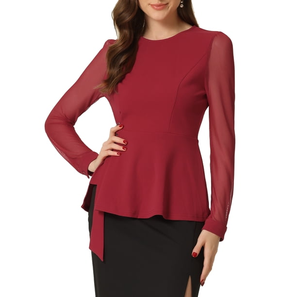 INSPIRAR CHIC Blusa de Manga Larga de Malla Transparente para Mujeres con Cuello Redondo y Cinturón, Top Peplum de Trabajo XS Rojo