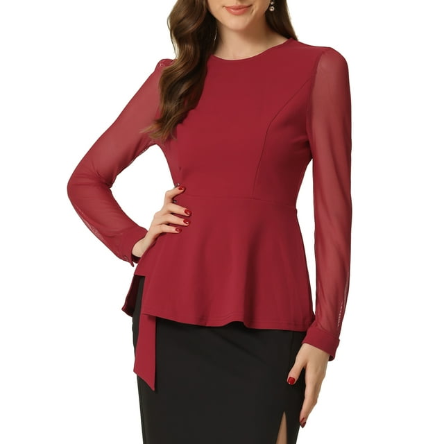 INSPIRAR CHIC Blusa de Manga Larga de Malla Transparente para Mujeres con Cuello Redondo y Cinturón, Top Peplum de Trabajo XS Rojo