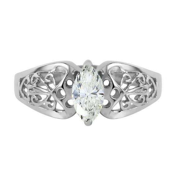 Galaxy Gold 14K Solid White Gold Filigree Ring with Natural Marquis-Shaped White Topaz, Size 7.0, 5.5-11 Sizes, November Birthstone, Symbol of Clarity