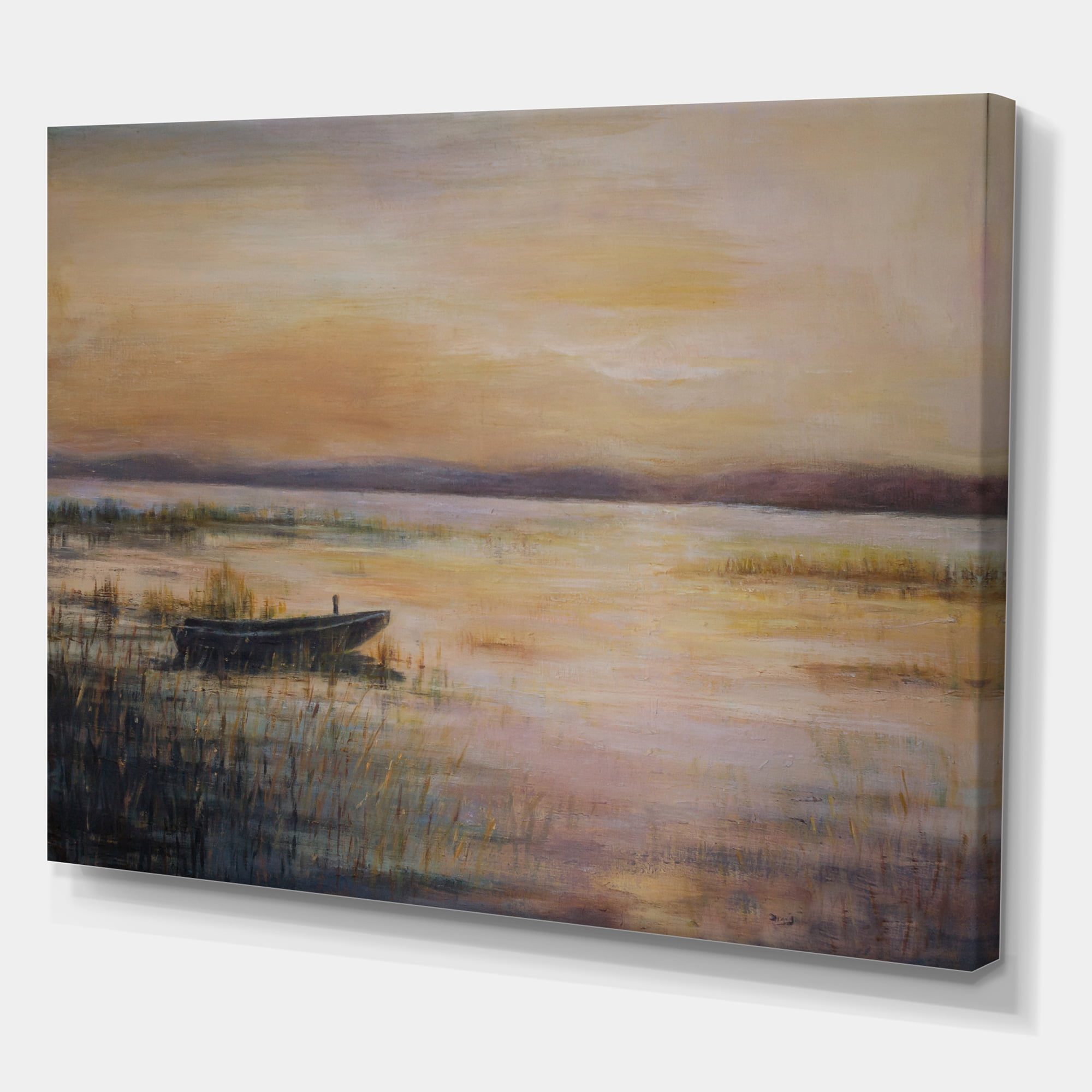 Designart ' Pastel Boat Sunset Over The Lake ' Nautical & Coastal Canvas Wall Art Print