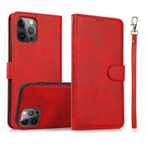 Wallet Case for iPhone 16 Pro, 2 In 1 PU Leather Flip Phone Case with Detachable Magnetic TPU Inner, Kickstand Phone Cover with Card Slots & Wrist Strap for iPhone 16 Pro, Red