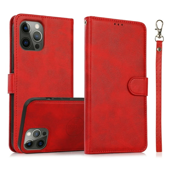 Detachable Wallet Case for iPhone 14 Pro Max, Removable PU Leather Wrist Hand Strap 2 in 1 Design Flip Folio Cover with Card Slots Holder Magnetic Car Mount Kickstand Protective Phone Case, Red