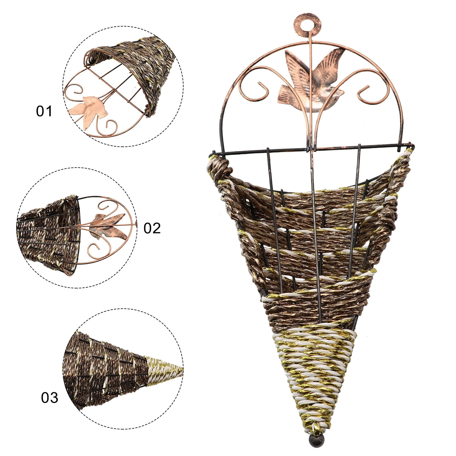 Recycled Plastic Wall Hanging Planter Rattan Plant Pot Basket Flower Garden Mounted Holder Decor for Indoor Outdoor Courtyard Balcony Living Room Bedroom Corridor White Coffee 30cm Height 14cm Width