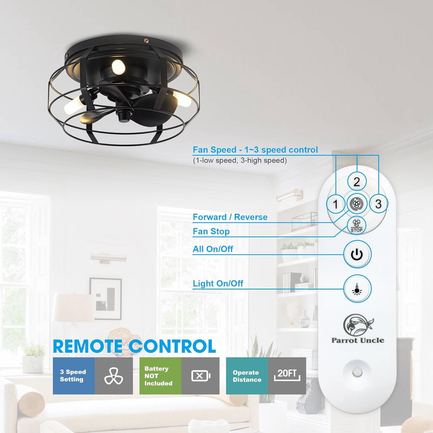 Parrot Uncle Ceiling Fan with Lights and Remote 12 inch Small Black Ceiling fan with 3 Blades and 3 Lights, Included 3 Bulbs