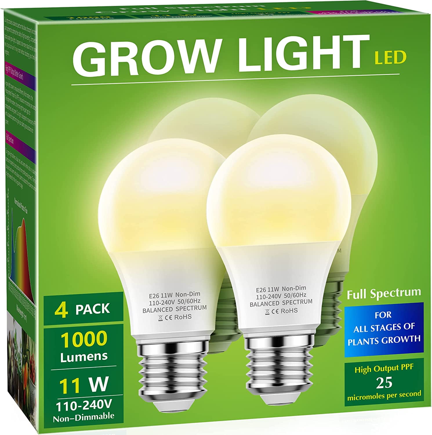 4 Pack Grow Light Bulbs, LED Grow Light Bulb A19 Bulb, Full Spectrum