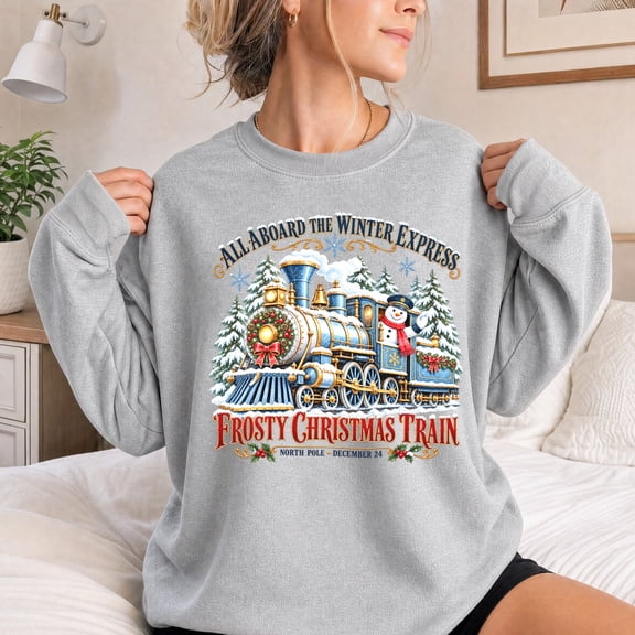 Jollimate Sweatshirt for Women, Frosty Christmas Train Snowman Graphic, Winter Holiday Gift