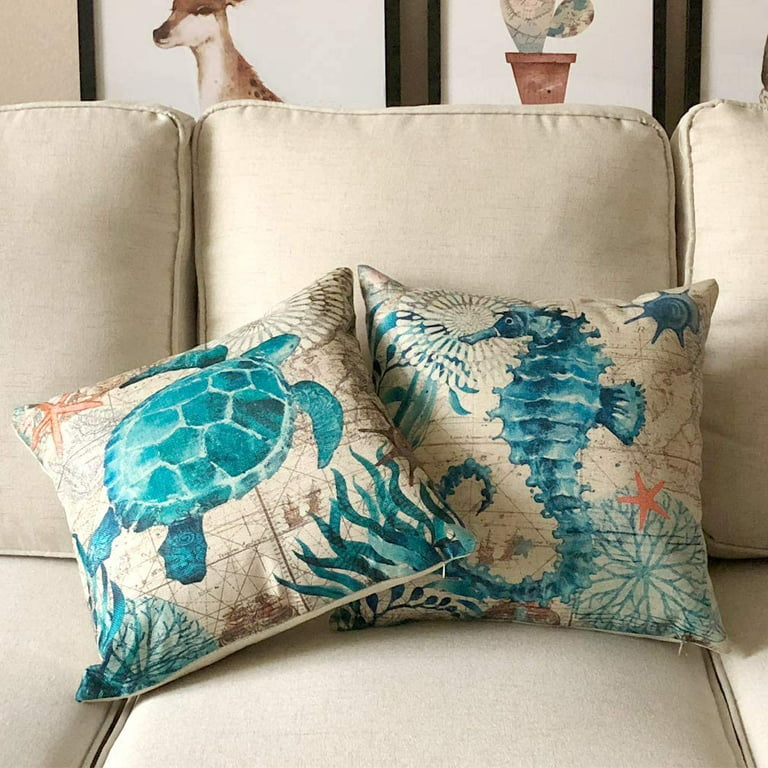 Set of 6 Pieces Ocean Beach Decorative Pillow Covers 18 x 18 Inch Summer  Sea Theme Cushion Covers with Nautical Starfish Lighthouse Sailboat Sea
