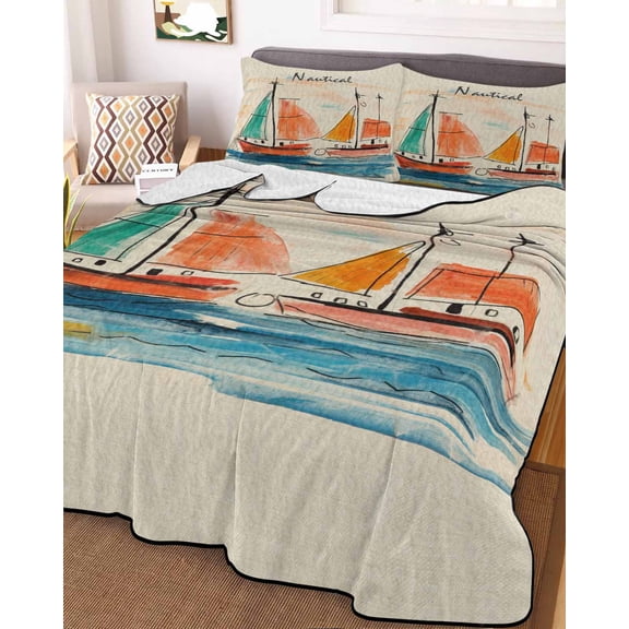 Nautical Boat, King Size Down Alternative Comforter, Lightweight Comforter Quilt Bedding Set with Pillow Shams Coastal Sailing Ship Ocean Painted Sea All Seasons Bed Comforter Duvet Insert 96"x106"