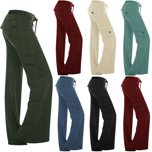 Wlynlyn Yoga Pants for Women Wide Leg Cargo Pants Drawstring High Waisted Ribbed Knit Sweatpants with Pockets XL