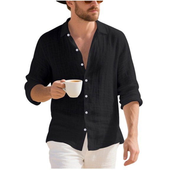 Xzbqbs Hawaiian Shirt for Men Casual Button Down Linen Polo Shirts Fashion Lightweight Slim Summer Beach Long Sleeve Solid Shirts