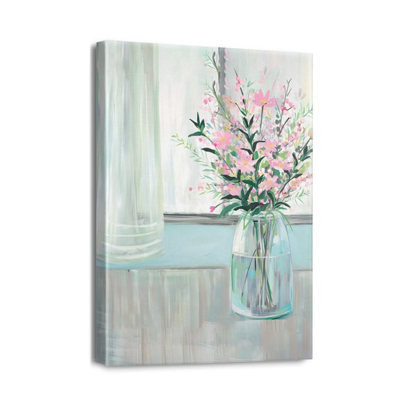 Pink Flowers in Jar in the Window Wall Art Bathroom Pictures Wall Decor Canvas Painting Prints Artwork for Bathroom Office Bedroom 12"x16"