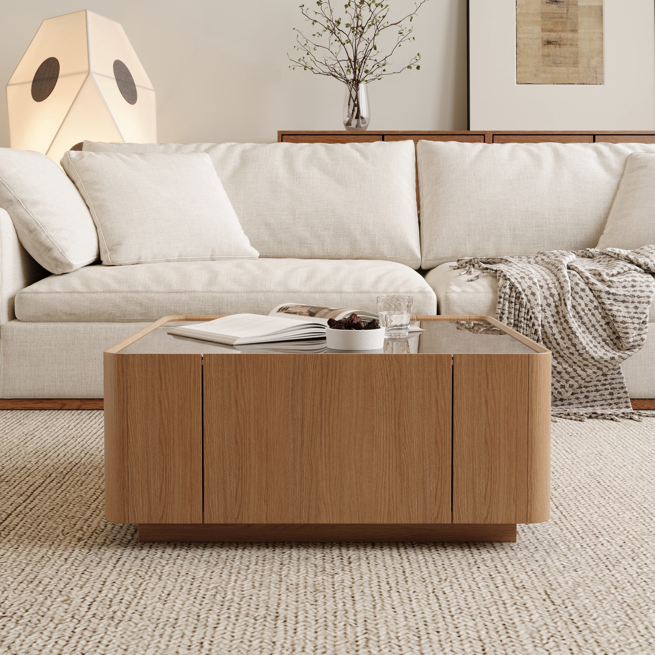 Noble House Millo 31.5" Square Wooden Coffee Table with Tempered Glass Top & Storage Drawers for Living Room, Walnut