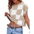 thumbnail image 3 of Color Block Plaid Print Cap Sleeve Women Casual Knit Sweater Vest Crop Tops, 3 of 5