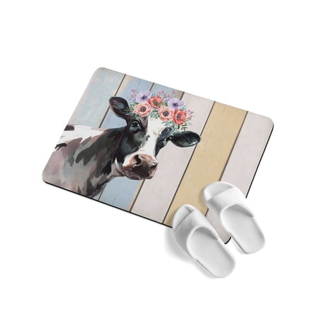 Farms Cows Soft Diatomaceous Earth Mat, Red Pink Purple Flowers Wooden Stripes Animal Absorbent Bath Mat Non Slip Rubber Backed Quick Dry Doormat Fit Under Door for Bathroom Kitchen 24"x36"