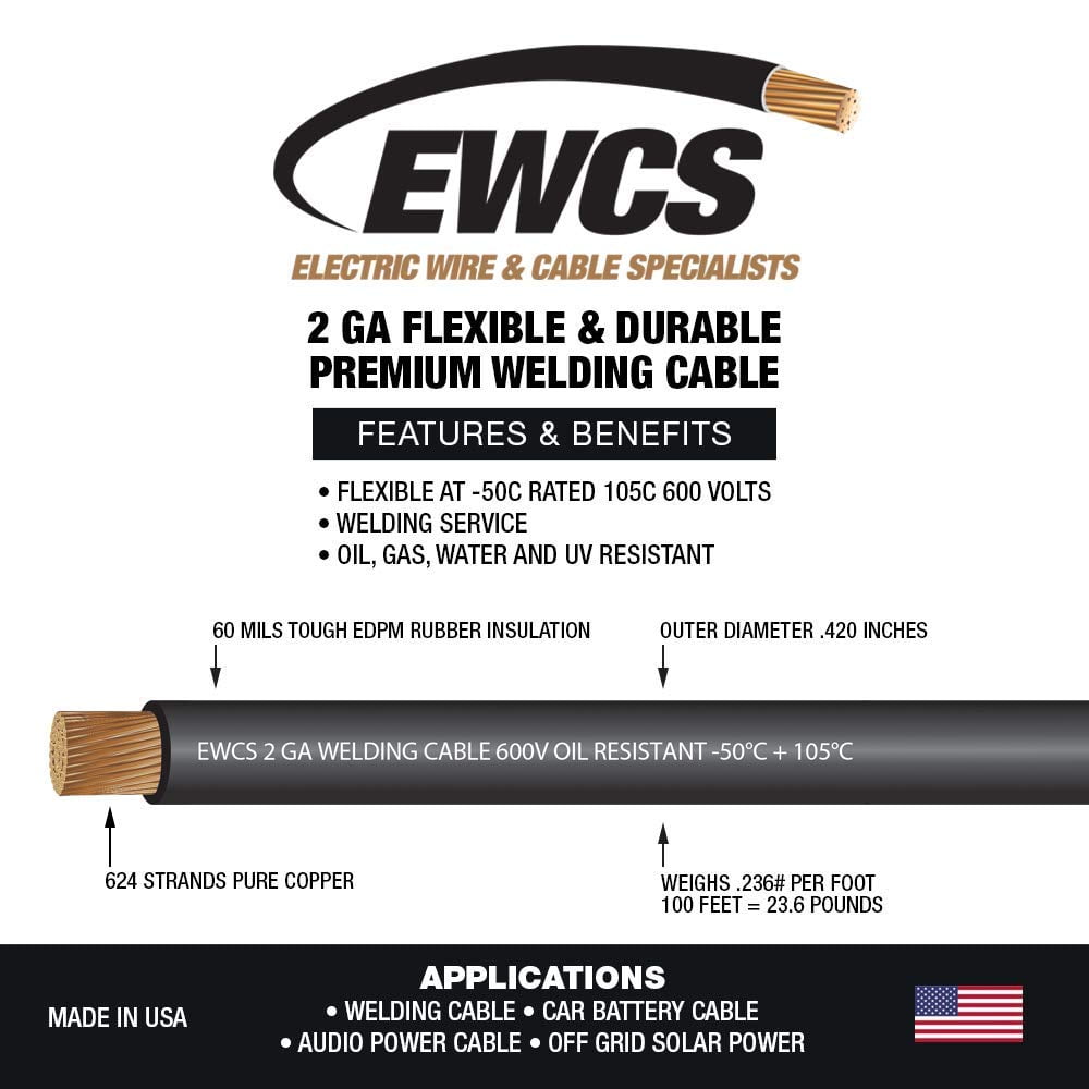 Gauge Premium Extra Flexible Welding Cable 600 Volt Black 25 Feet  Made in The USA