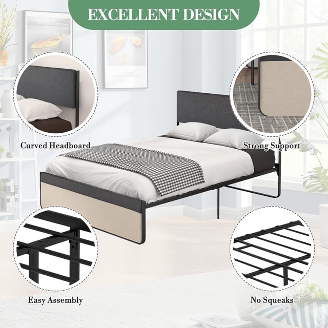 Eastvita Spacious Queen Size Bed Frame 2 Drawers/Headboard/Metal Platform/Noise-Free/No Box Spring Needed/Grey Color