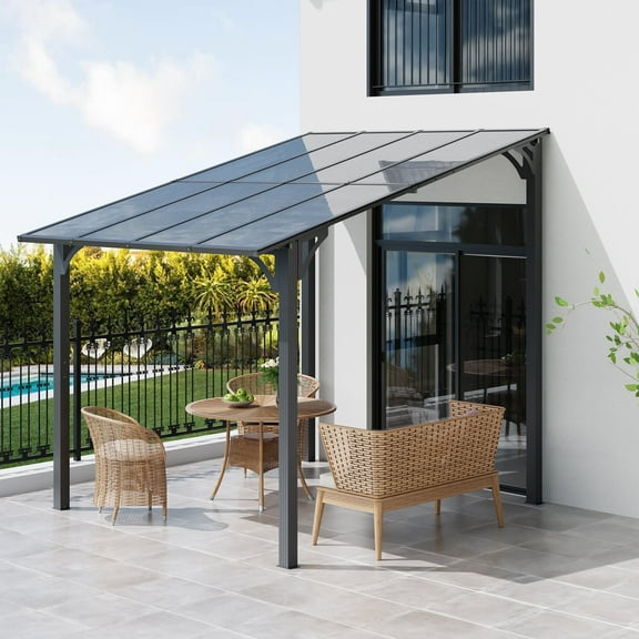 Walsunny Gazebos Hardtop 8' x 10' Outdoor Aluminum Pergola Heavy Duty Wall-Mounted Awnings with Sloped Roof for Patio,Deck, Backyard,Garden