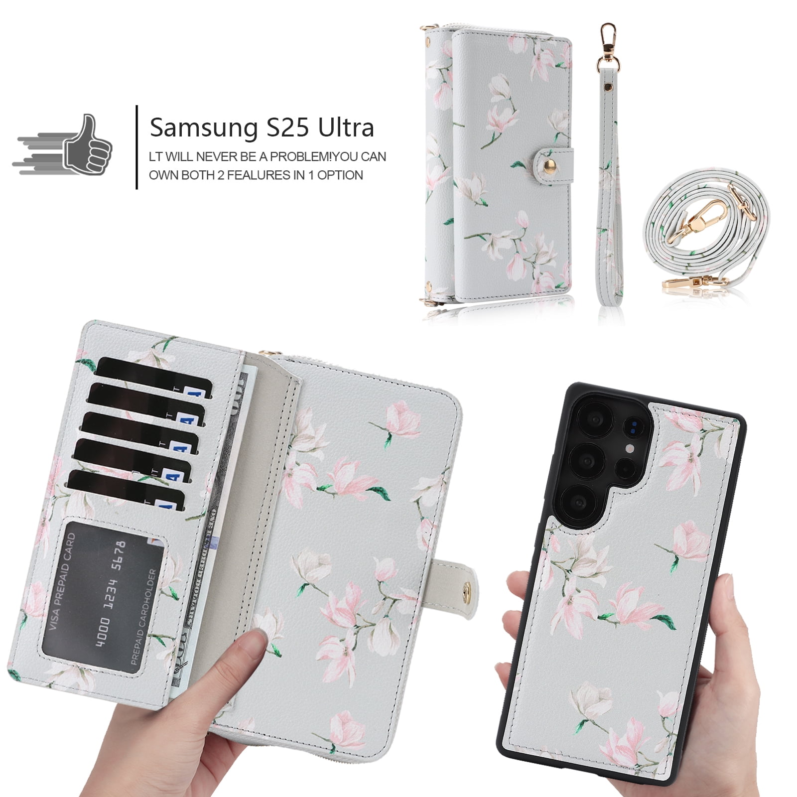 TECH CIRCLE 2-in-1 Wallet Case for Galaxy S23 (6.1", 2023), Detachable Magnetic Back Cover, PU Leather Flip Flower Phone Case with 15 Card Slots, Zipper Pocket, Wrist/Shoulder Strap, Gray