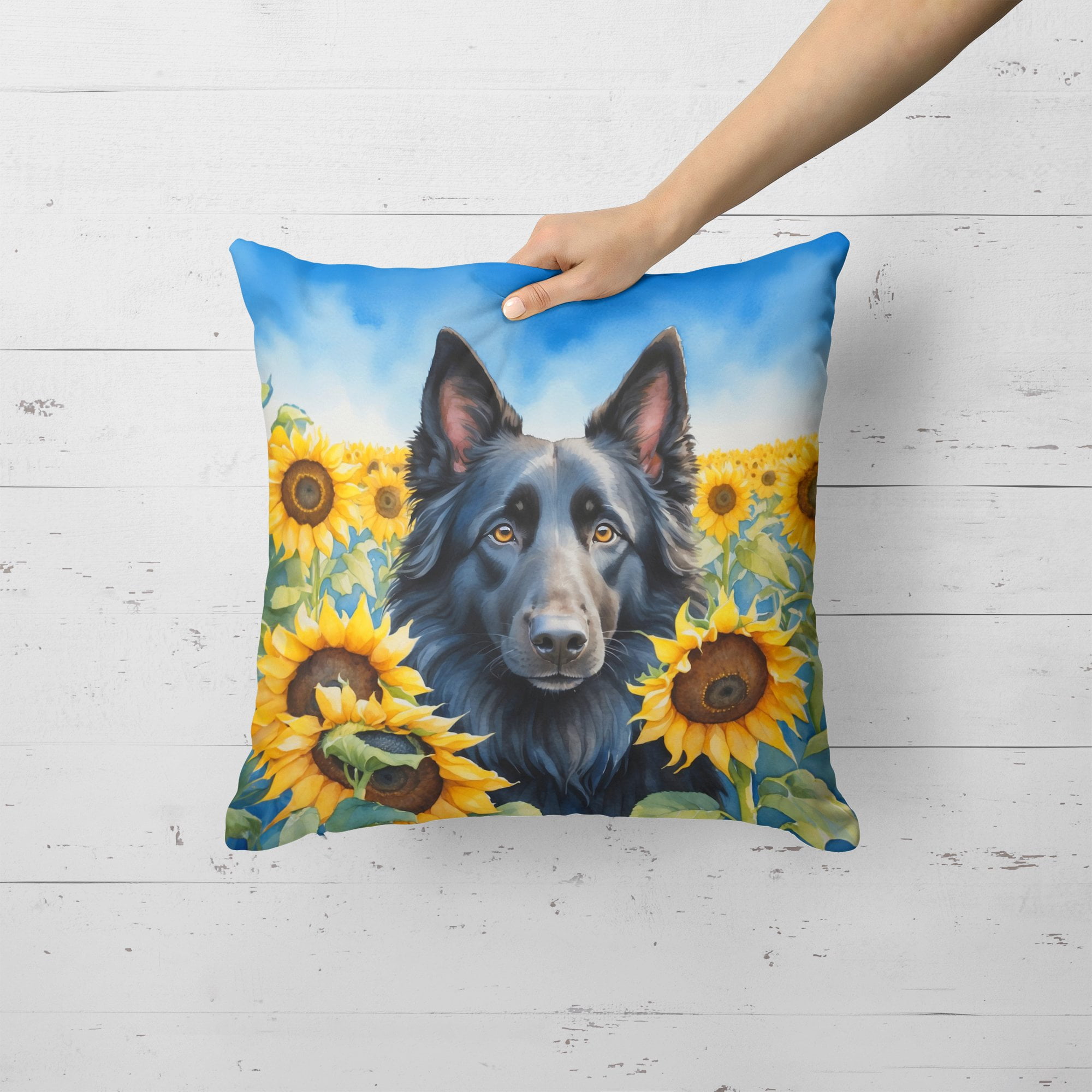Belgian Sheepdog in Sunflowers Throw Pillow 18 in x 18 in