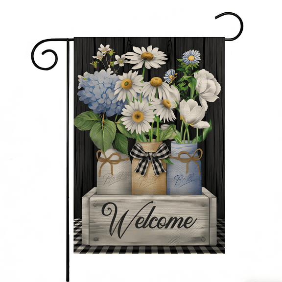 XIBUFE Daisy & Hydrangea Jar Spring Welcome Garden Flag,11.8 x 18 in Linen Farmhouse Yard Flags,Double-Sided HD Coloral Print,Seasonal Vibrant Spring Decorations for Home Outdoor Yard