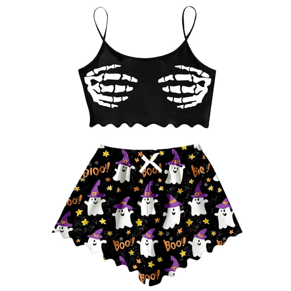SJLDQY Halloween Womens Pajamas Sets 2 Piece Cami Top and High Waist Shorts Pj Sets for Womens Hallowmas Funny Skeleton Pumpkin Graphic Comfy Sleepwear