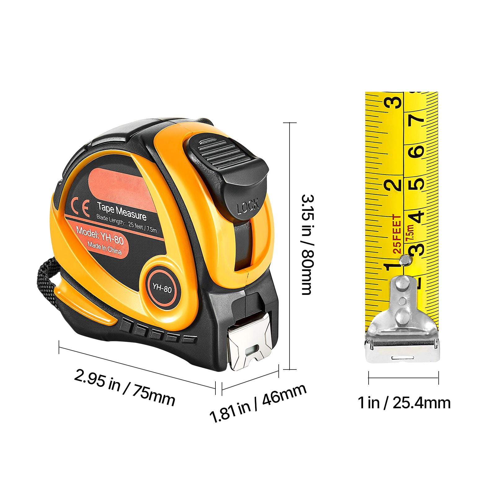 25ft Measuring Tape, ABS Impact-Resistant Shell with Carbon Steel Blade, Imperial and Metric Scale, Auto-Lock and Rewind, Compact Design for Home and Construction