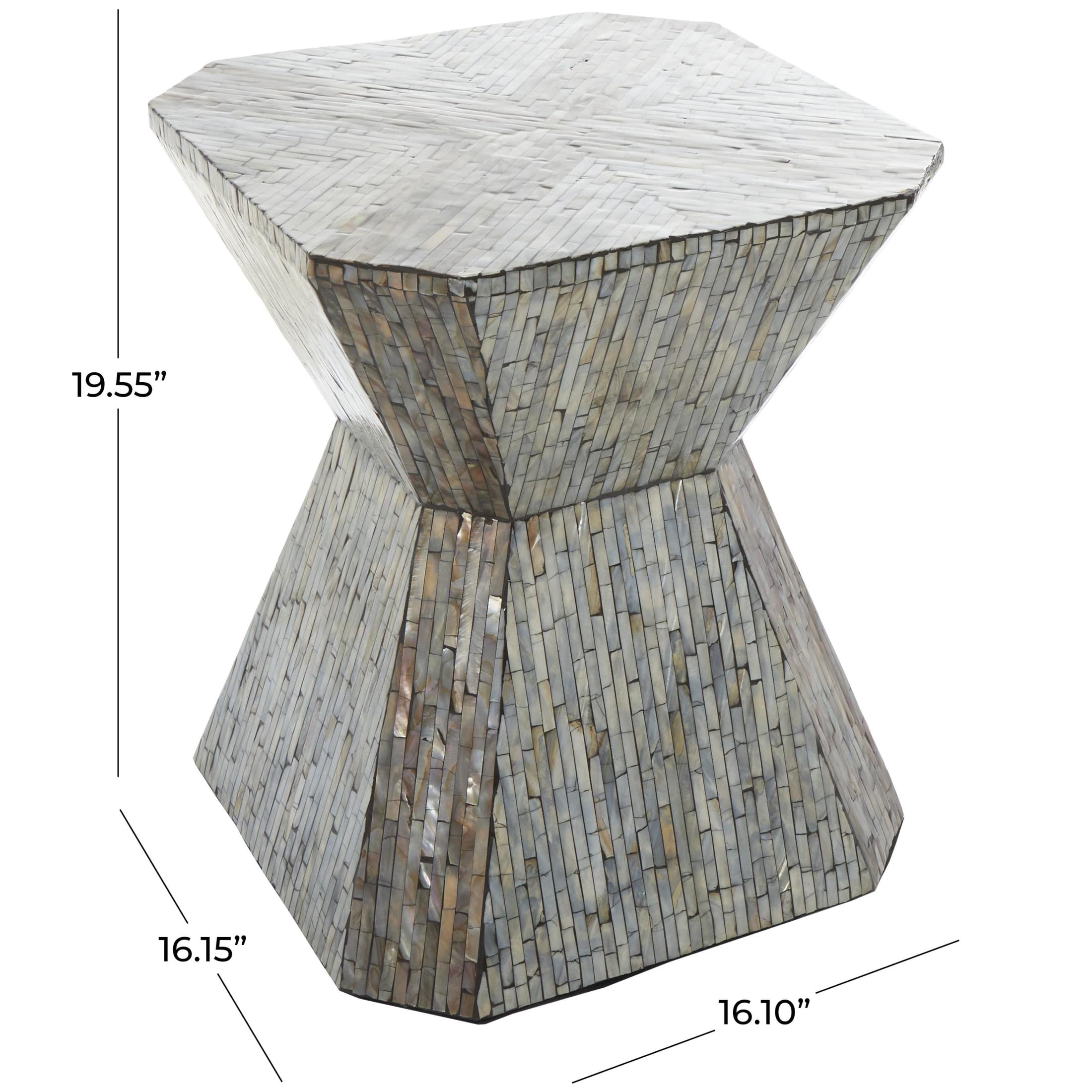 DecMode 16" x 20" Gray Mother of Pearl Shell Handmade Hourglass Geometric Accent Table with Linear Mosaic Pattern, 1-Piece