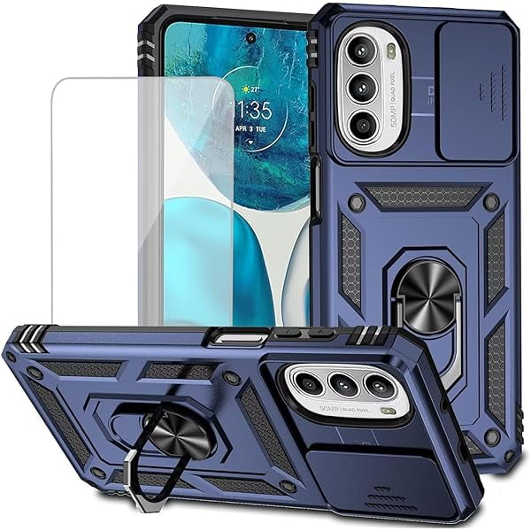 wonima11 for Moto G52 4G/Motorola G82 5G XT2225-1 Case with Tempered Glass Screen Protector and Slide Camera Cover, Magnetic Ring Car Mount Holder Kickstand Protective Cover for Motorola Moto G52 Blue