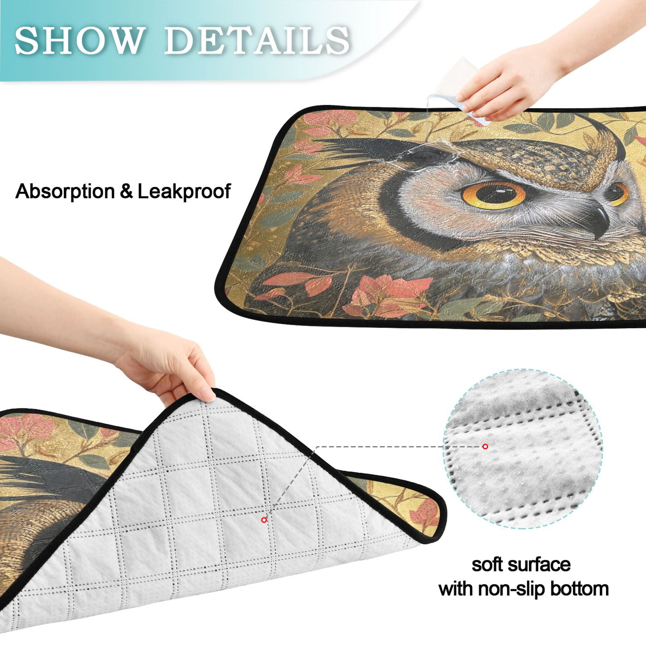 Qxltty Owl Leaves Yellow Pattern Cat litter Pads Pet Set of 3 Diaper Mats Center Anti-leakage Layer Absorbent Soft and Comfortable