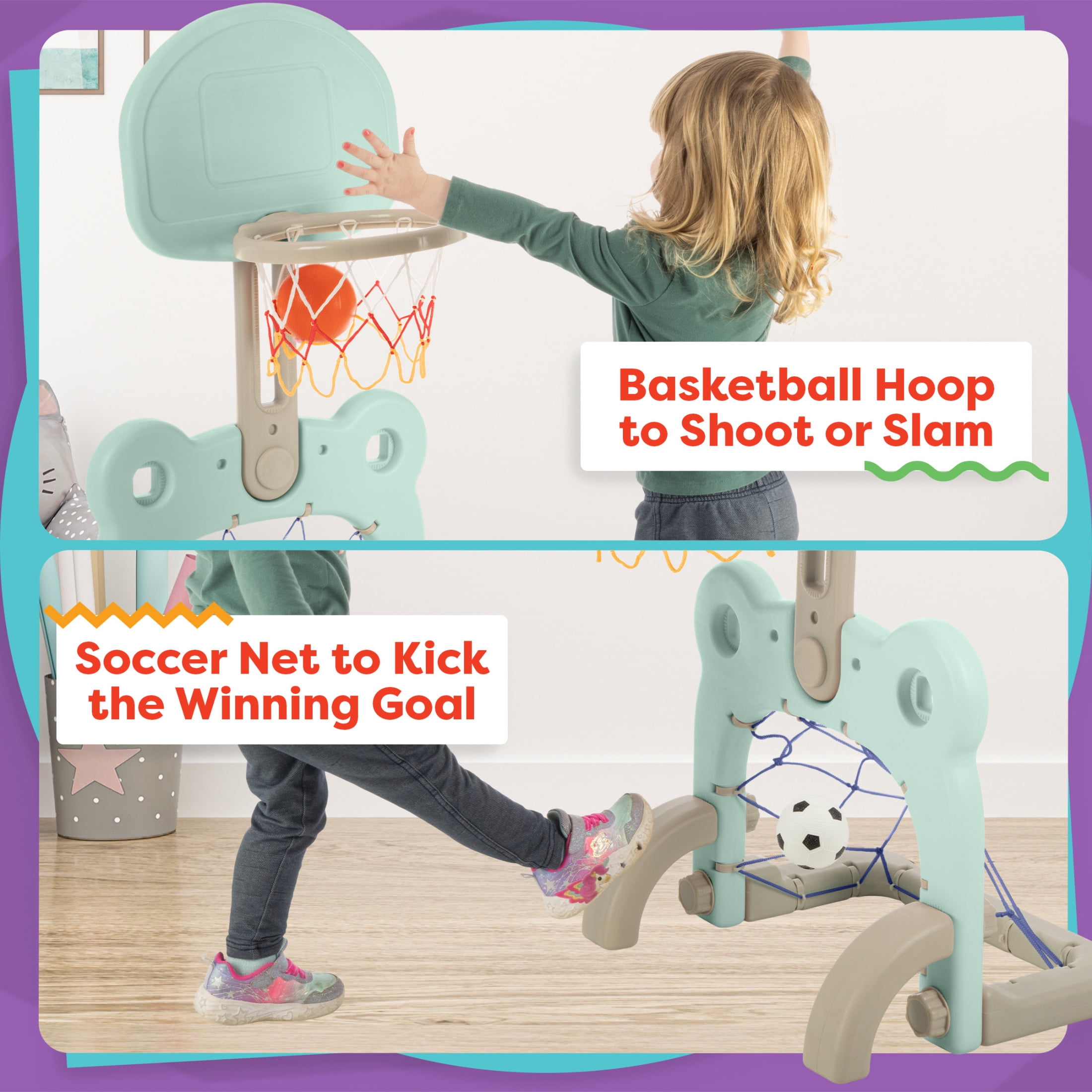 Hey Play 2-in-1 Adjustable Toddler Basketball Hoop and Soccer Goal (Blue)
