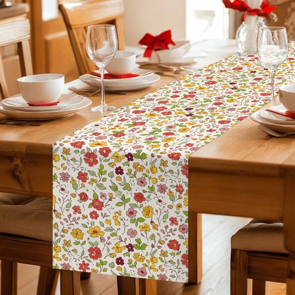Farm Watercolor Red Yellow Flowers Table Runner 36 Inches Long,Kitchen Dining Tablerunners Pastoral Plants Linen Table Runners Dresser Scarves for Home Dinner Wedding Holiday Party Decor