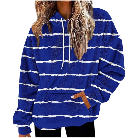 SwiftWear Women's Drop-Shoulder Striped Fleece Hoodie Oversized Casual Pullover Soft Fluffy Loungewear with Front Pocket Blue