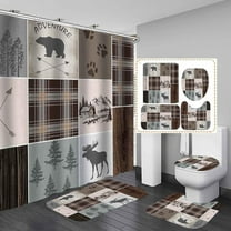 4PCS/Set Wildlife Shower Curtain, Vintage Brown Rustic Wooden Board Deer Bear USA Flag Western Texas Star Barn Cabin Hunting Wild Animal Bathroom Decor, Non-Slip Bath Rugs, Cabin Rules