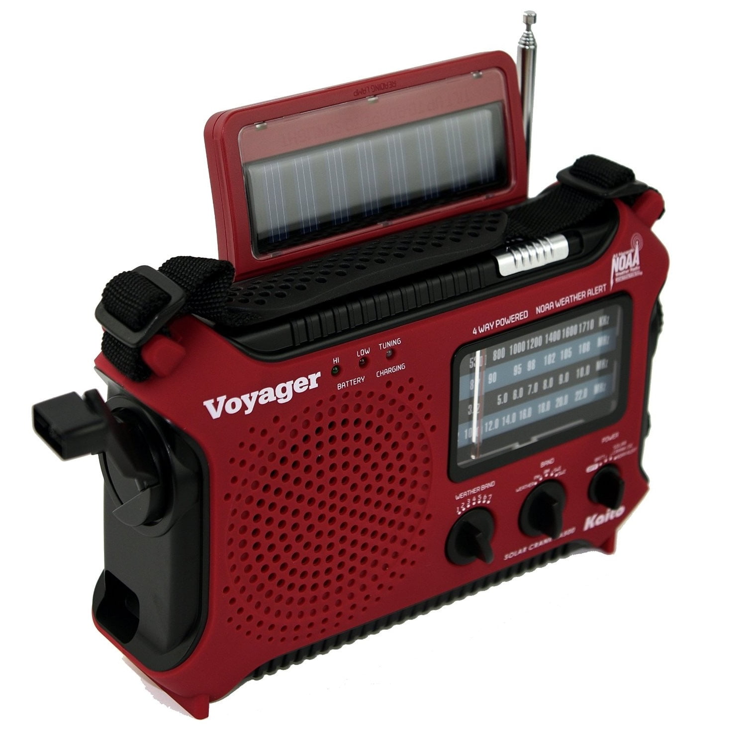 Kaito KA500 Voyager 5-way Powered Emergency AM/FM/SW NOAA Weather Alert Radio with Solar Dynamo Crank Flashlight and Reading Lamp - Red