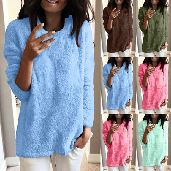Nfurl Womens Fleece Long Sleeve Shirts Plus Size Warm Solid Color Crewneck Pullover Tops Loose Fit Comfy Loungwear Shirt 2025 Fall Clothes Blue XXXL