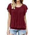 thumbnail image 3 of VBVC Women's Crew Neck Pleated Batwing Sleeve Blouse , Ladies' Loose Flowy Casual Top , Soft Elastic Hem Summer Shirts For Women,Wine,S-2XL, 3 of 9