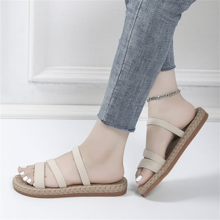 

PEASKJP Slippers for Women Indoor And Outdoor Women Fashion Solid Printed Flat Slippers Square Toe Casual Sandals Casual Summer Shoes Beige 6.5