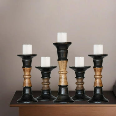 Traditional Dark Polish Eco-friendly Handmade Mango Wood Set Of Five 6",9",12",9" & 6" Pillar Candle Holder for use, Living Room, Dinning Room, Study Room, Spa, Restaurants, Place Of Worship, etc